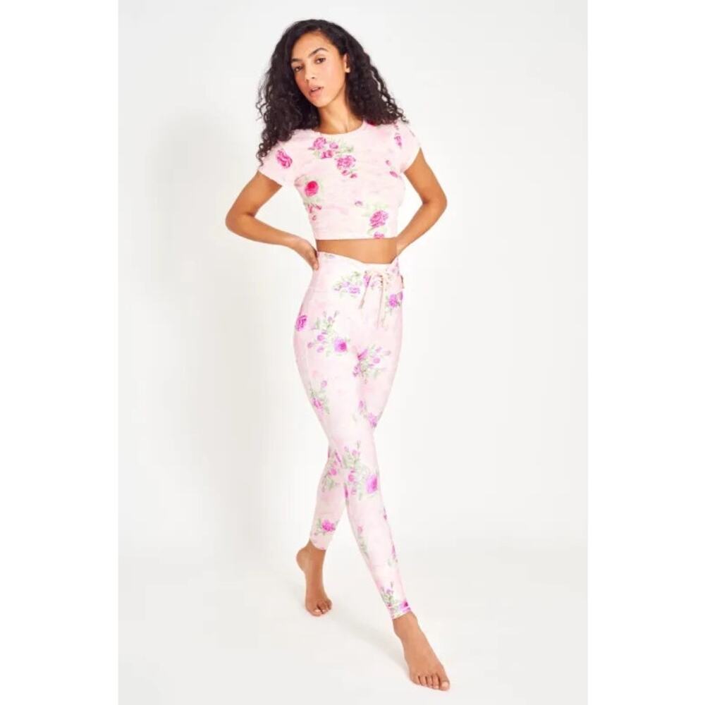 LoveShackFancy Postiana Lace Up Floral Leggings in Pink Ivy Size Small